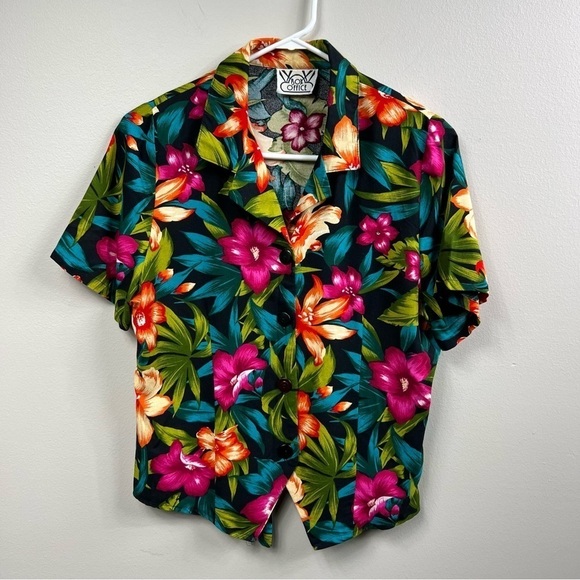 VINTAGE Box Office short sleeve vibrant floral top adjustable back Sz M - Picture 1 of 9
